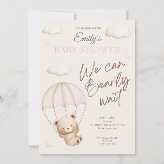 Pink Teddy Bear Baby Shower Invitation 招待状 (正面)