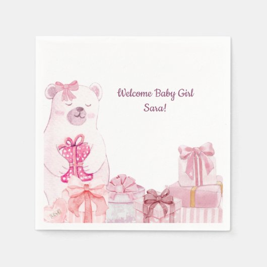 Pink Teddy Bear Baby Shower Napkin スタンダードカクテルナプキン (正面)