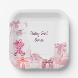 Pink Teddy Bear Baby Shower Party Plate ペーパープレート