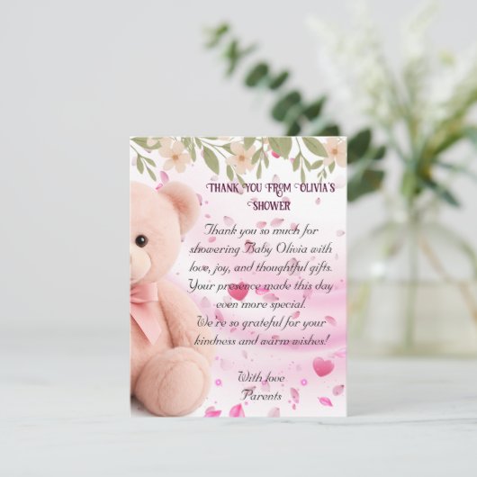 Pink Teddy Bear Baby Shower Thank You Card. サンキューカード (スタンド正面)