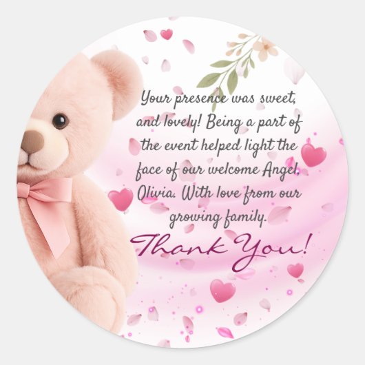 Pink Teddy Bear Baby Shower Thank You Sticker ラウンドシール (正面)