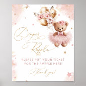 Pink Teddy Bear Balloon Baby Shower Diaper Raffle ポスター (正面)