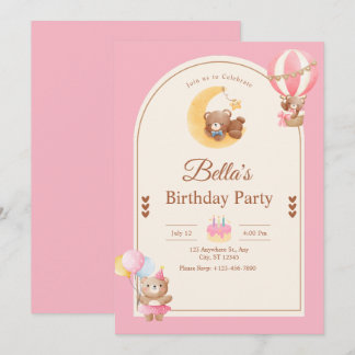 Pink Teddy Bear Birthday Invitation, Girl Birthday 招待状