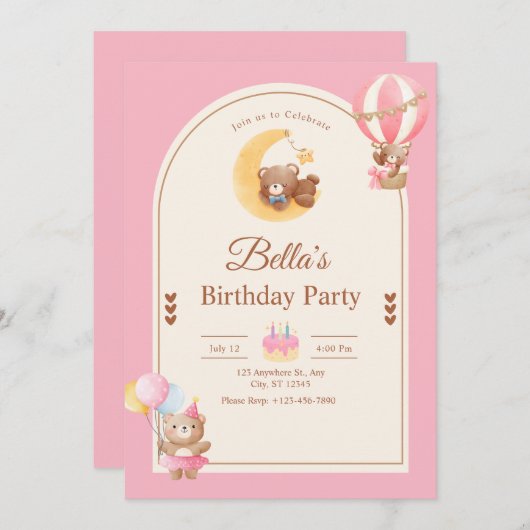 Pink Teddy Bear Birthday Invitation, Girl Birthday 招待状 (正面/裏面)