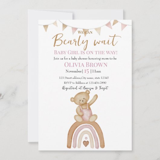 Pink Teddy Bear Design invitation セーブザデート (正面)