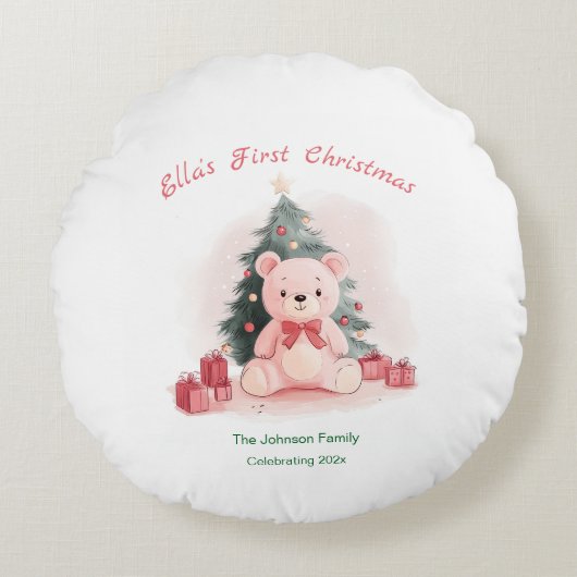 Pink Teddy Bear First Christmas ラウンドクッション (正面)