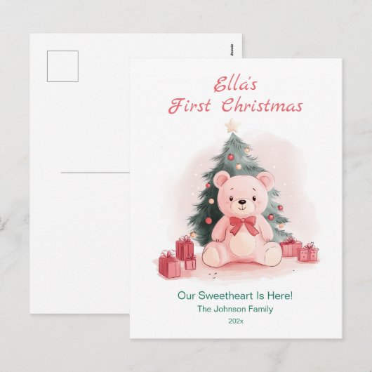 Pink Teddy Bear First Christmas Postcard シーズンポストカード (正面/裏面)