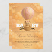 Pink Teddy Bear Hot Air Balloon Girly Baby Shower 招待状 (正面/裏面)