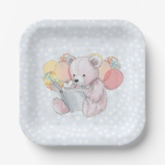 Pink Teddy Bear reading a book ペーパープレート (正面)