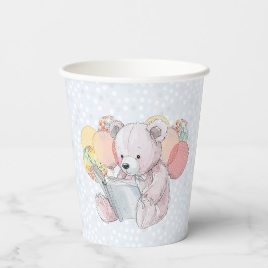 Pink Teddy Bear reading a book  紙コップ (裏面)