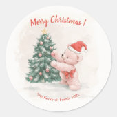 Pink Teddy Bear Retro Christmas ラウンドシール (正面)