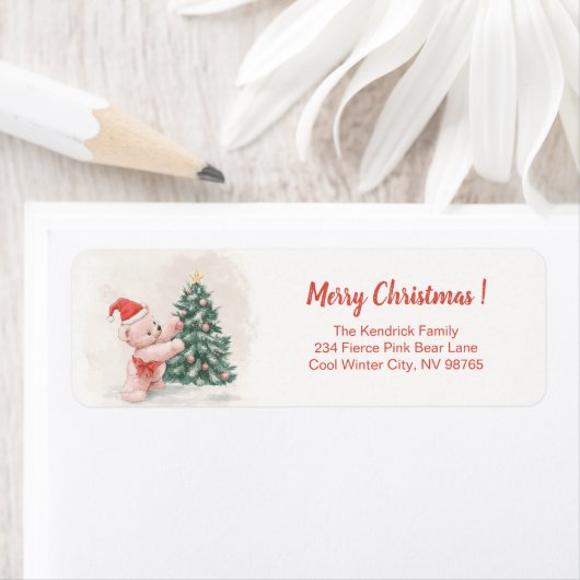 Pink Teddy Bear Retro Christmas  ラベル (インサイチュ)