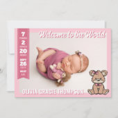 Pink Teddy Bear Welcome to the World Baby Girl 案内状 (正面)