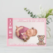 Pink Teddy Bear Welcome to the World Baby Girl 案内状 (スタンド正面)