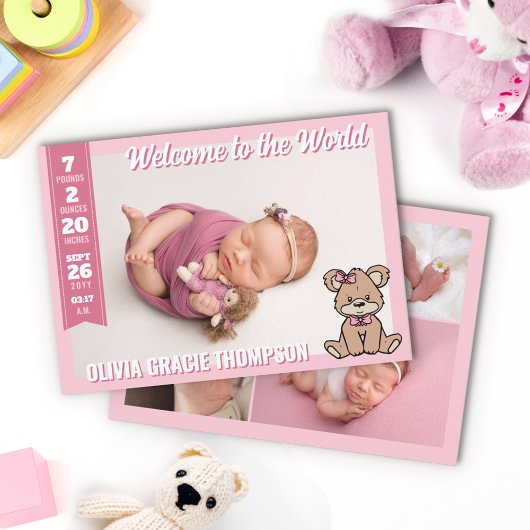 Pink Teddy Bear Welcome to the World Baby Girl 案内状