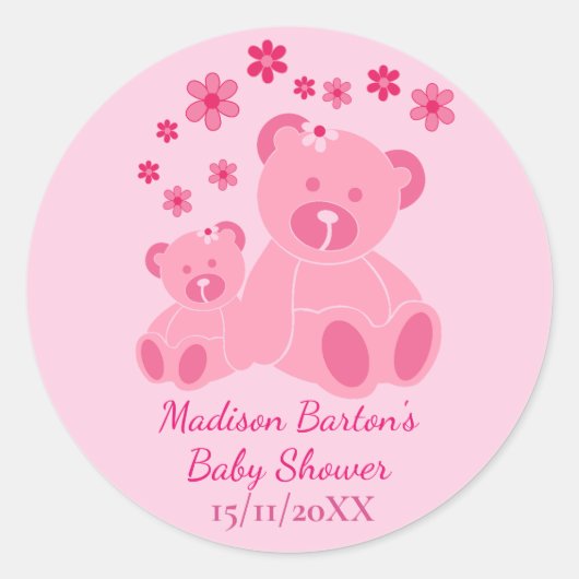 Pink Teddy Bears Cute Girl Baby Shower ラウンドシール (正面)