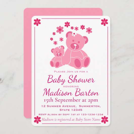 Pink Teddy Bears Cute Girl Baby Shower 招待状 (正面/裏面)