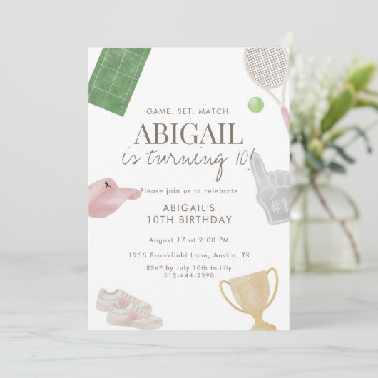 Pink Tennis 10th Birthday Party for Girls Preppy  招待状 (スタンド正面)