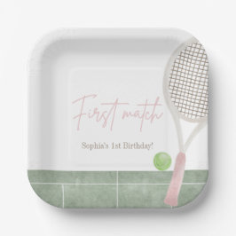 Pink Tennis First Birthday Girl Preppy Classic  ペーパープレート
