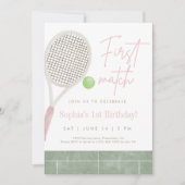 Pink Tennis First Birthday Party Invitation サンキューカード (正面)