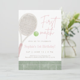 Pink Tennis First Birthday Party Invitation サンキューカード
