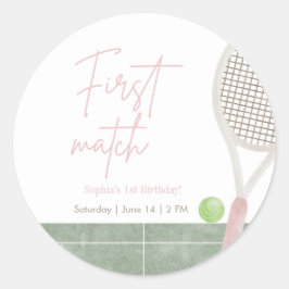 Pink Tennis First Birthday Preppy Girl Party Round ラウンドシール