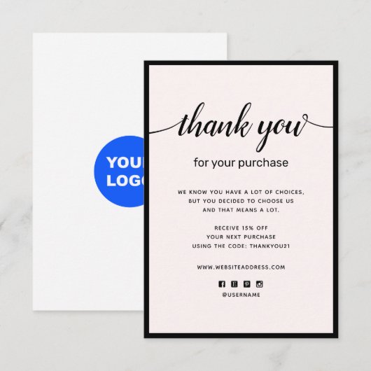 Pink Thank You For Your Purchase Note Card ノートカード (正面/裏面)