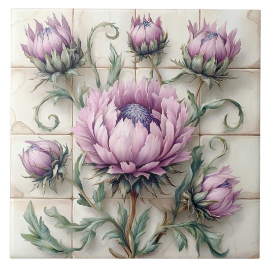 Pink Thistle Flowers Ceramic Tile タイル (正面)