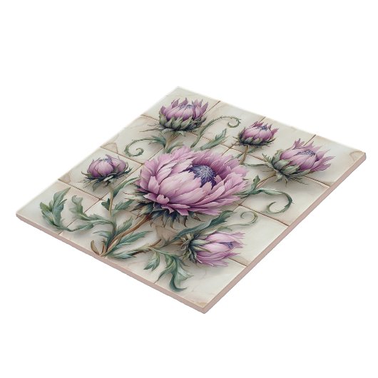 Pink Thistle Flowers Ceramic Tile タイル (側面)