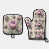 Pink Thistle Flowers Ceramic Tile 鍋つかみ&鍋敷きセット (正面)