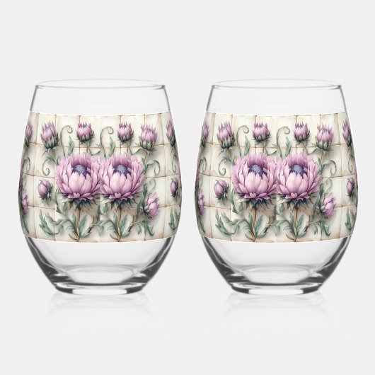 Pink Thistle Flowers Tile ステムなしワイングラス (右)