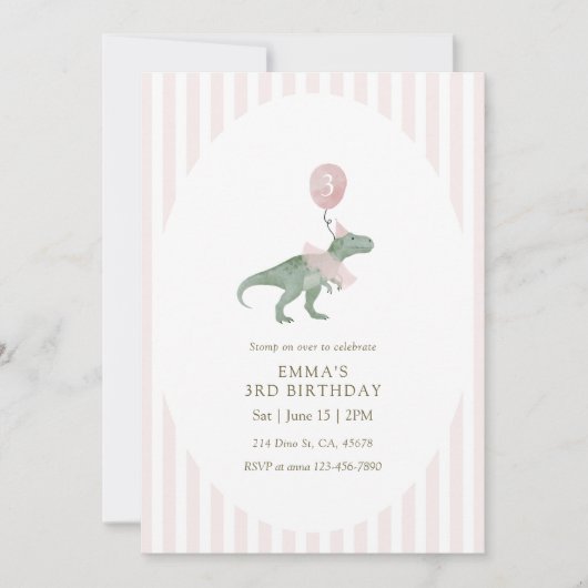 Pink Three Rex Dinosaur balloon Third Birthday 招待状 (正面)