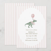 Pink Three Rex Dinosaur balloon Third Birthday 招待状 (正面/裏面)