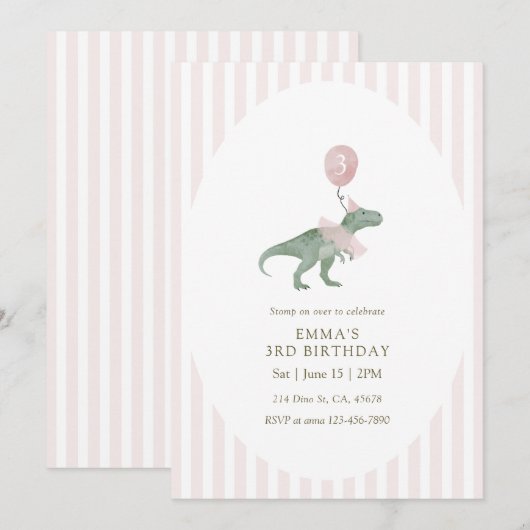 Pink Three Rex Dinosaur balloon Third Birthday 招待状 (正面/裏面)