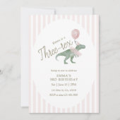 Pink Three Rex Dinosaur Third Birthday Invitation 招待状 (正面)