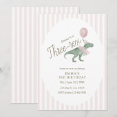 Pink Three Rex Dinosaur Third Birthday Invitation 招待状 (正面/裏面)
