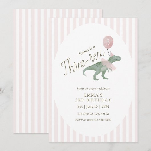 Pink Three Rex Dinosaur Third Birthday Invitation 招待状 (正面/裏面)