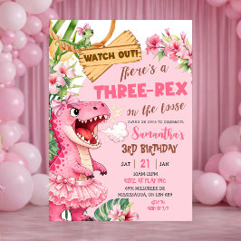 Pink Three Rex On The Loose Third Birthday 招待状