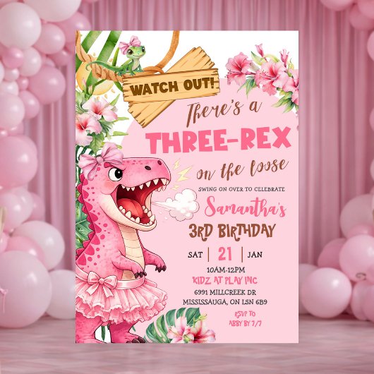 Pink Three Rex On The Loose Third Birthday 招待状