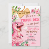 Pink Three Rex On The Loose Third Birthday 招待状 (正面)