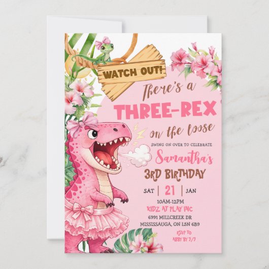 Pink Three Rex On The Loose Third Birthday 招待状 (正面)