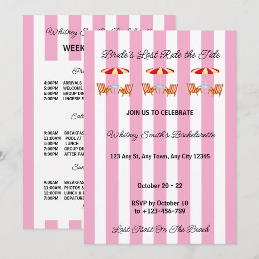 Pink Tide Beach Bachelorette Party Invitation 招待状 (正面/裏面)