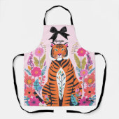 Pink Tiger Floral Bow Aesthetic Chic Artistic エプロン (正面)