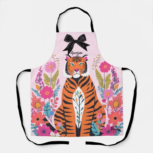 Pink Tiger Floral Bow Aesthetic Chic Artistic エプロン (正面)