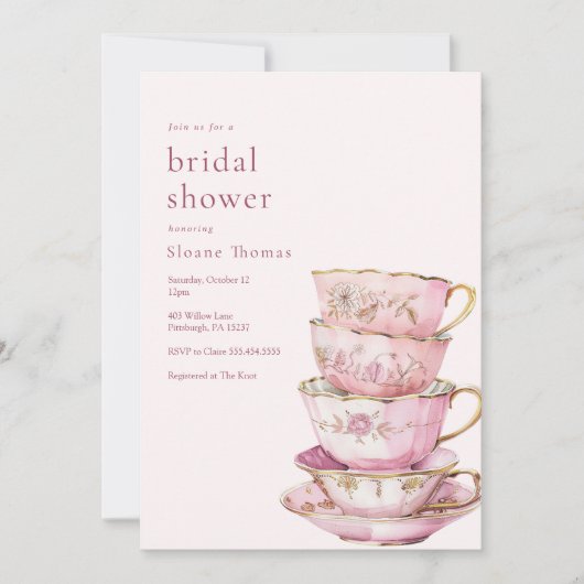 Pink Time for Tea Bridal Shower  Invitation 招待状 (正面)