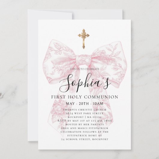 Pink Toile Bow Cross Girl First Communion 招待状 (正面)