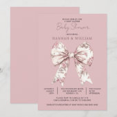 Pink Toile Bow Ribbon Girl Baby Shower 招待状 (正面/裏面)