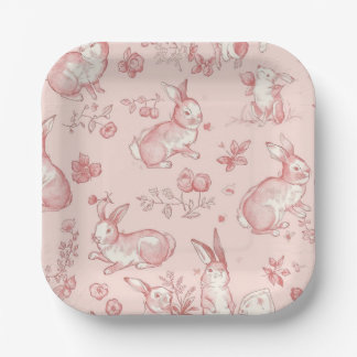 Pink Toile Bunny Party Plates ペーパープレート