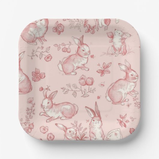Pink Toile Bunny Party Plates ペーパープレート (正面)