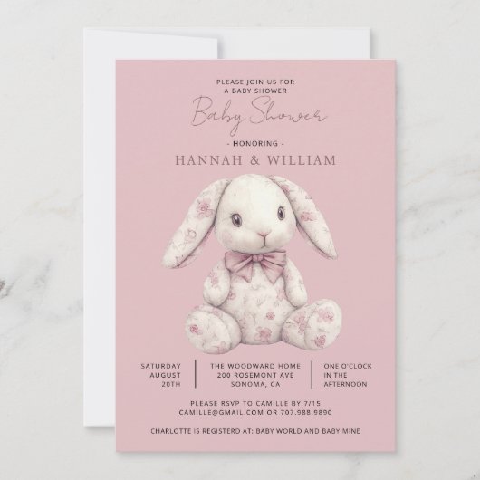 Pink Toile Bunny Rabbit Girl Baby Shower 招待状 (正面)